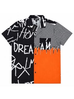 boohooMAN Button Up Shirt Mens S Black Orange Graffiti Spliced Houndstooth NWT